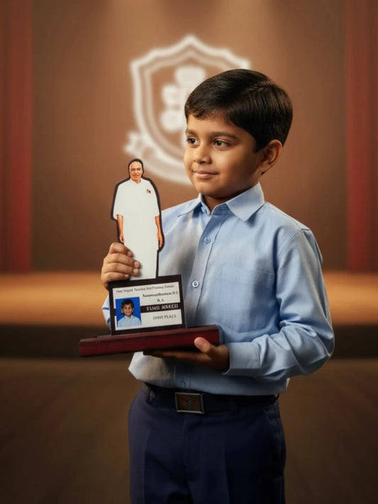Young boy holding a plaque with a cutout of himself on a school background