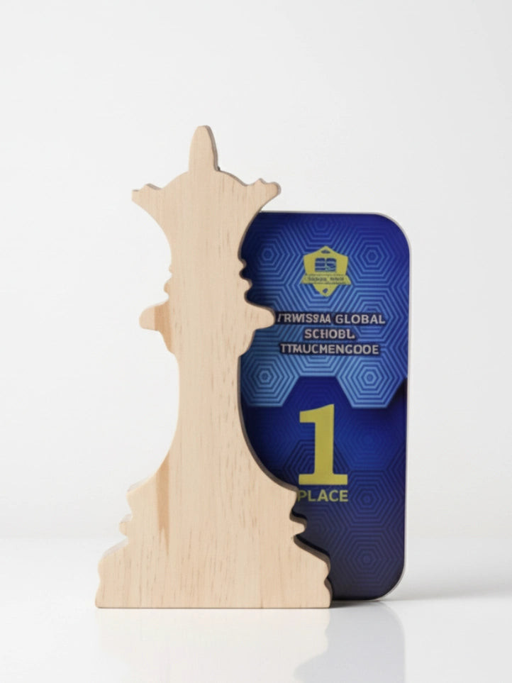 Trophy with blue and gold design on a white background