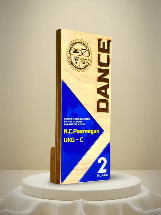 Close-up of annual day dance trophy showing premium materials and custom engraving details
