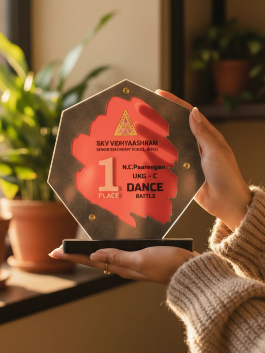 Wooden Acrylic Dance Award - Custom hexagonal trophy with red center for dance competitions