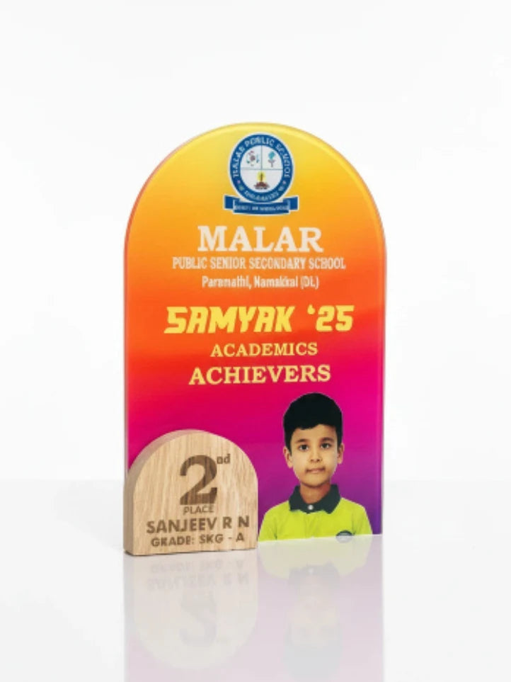 Academic achievement award for Malar Public Senior Secondary School with a child's photo and text.
