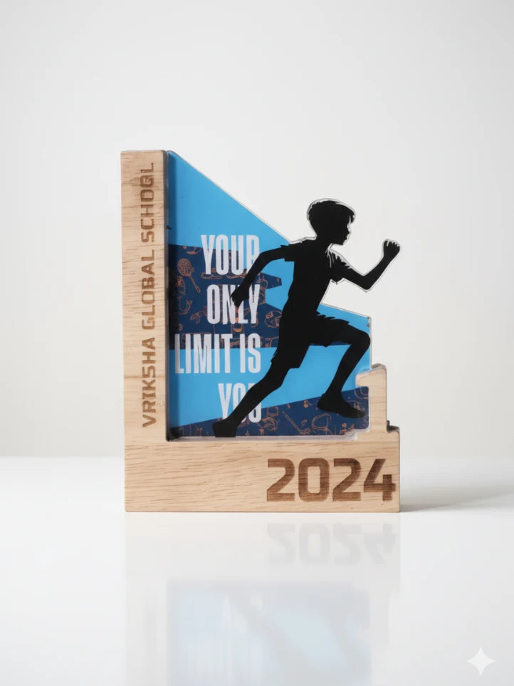 Trophy with a running silhouette and motivational text on a white background