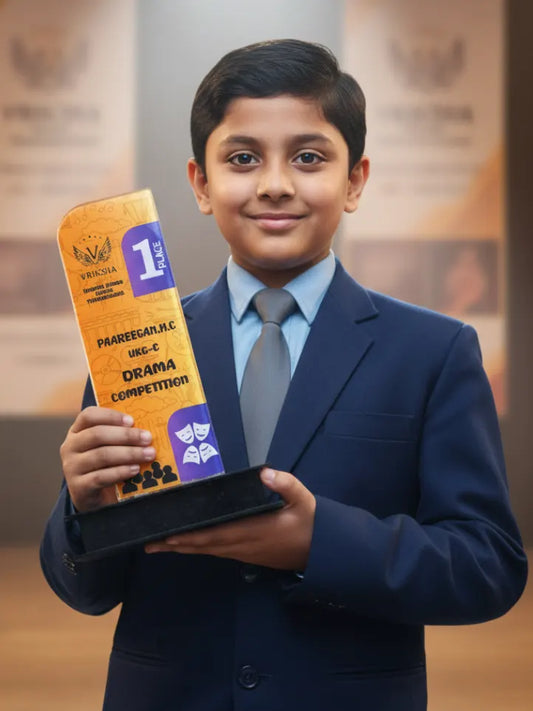 Young boy in a suit holding an award in a formal setting