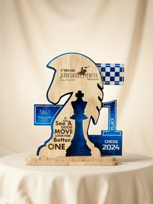 Close-up view of chess trophy showing intricate knight design and premium finish