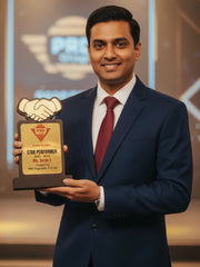 Man in a suit holding an award with a handshake icon on a blurred background