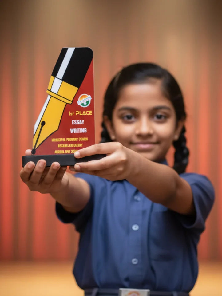 Girl holding a trophy with a large pen design, indicating an essay writing competition.