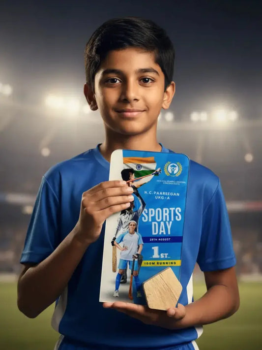 Young boy in a blue sports jersey holding a 'Sports Day' certificate and medal on a sports field.