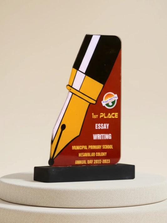 Size comparison of essay writing award trophy showing dimensions for academic ceremonies