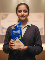 Person holding a blue and brown award with text in an indoor setting