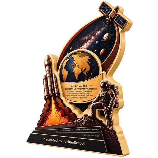 Angled view of space exploration trophy with globe and rocket launch motif