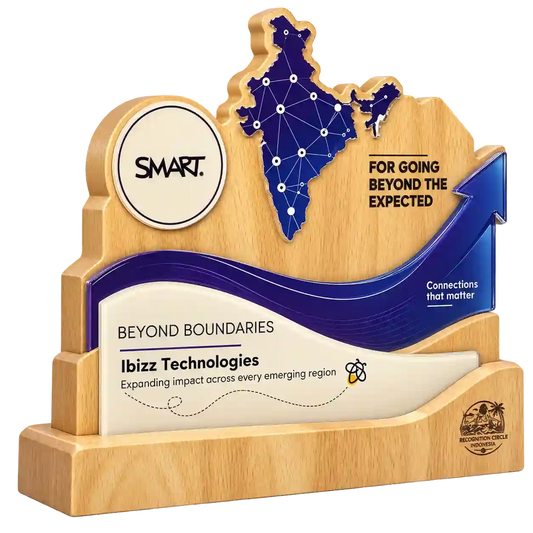 Angled view of Beyond Boundaries award with Ibizz Technologies name on front panel