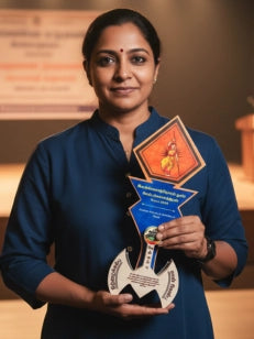 Woman holding an award with a blurred background