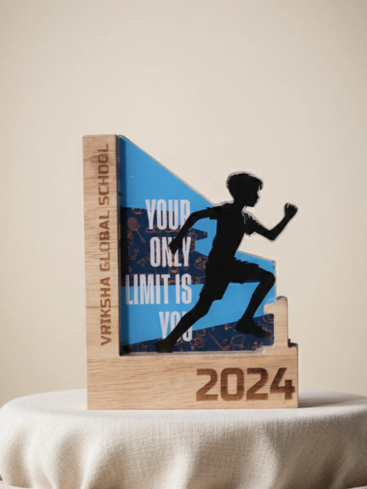 Trophy with a silhouette of a runner and text on a beige background