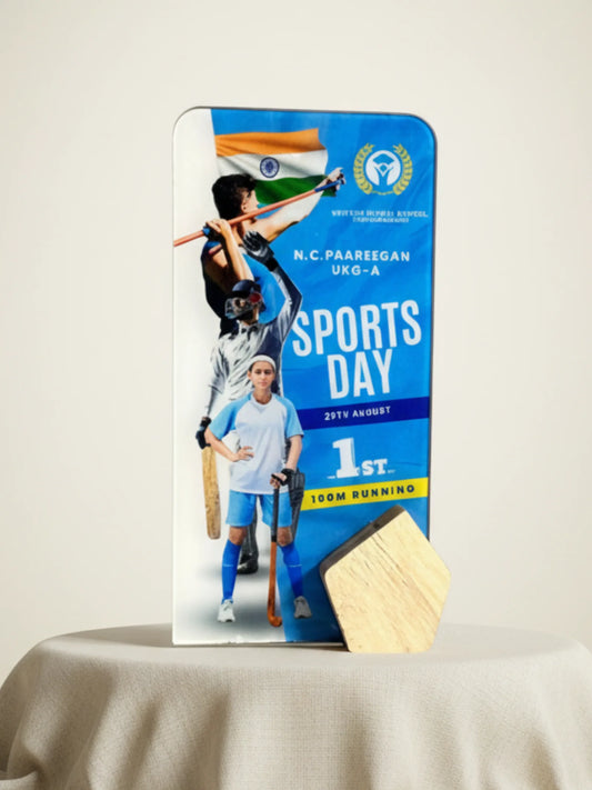 Running race trophy displayed in sports day award ceremony setting