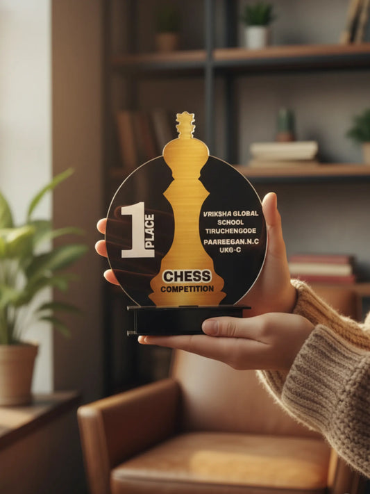 Close-up view of chess trophy showing detailed craftsmanship and premium finish