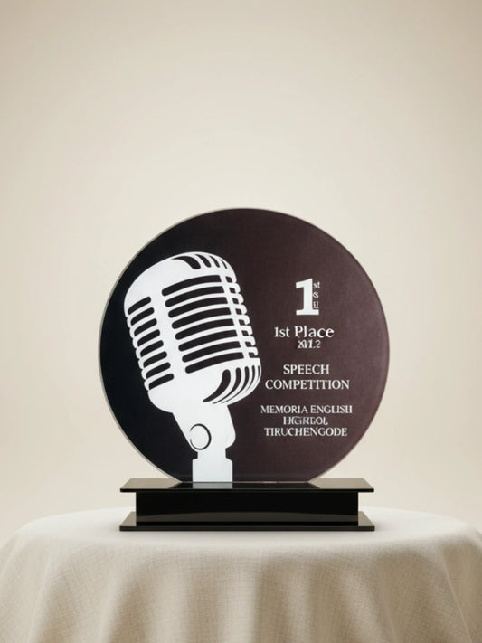 A trophy with a microphone design on a beige background
