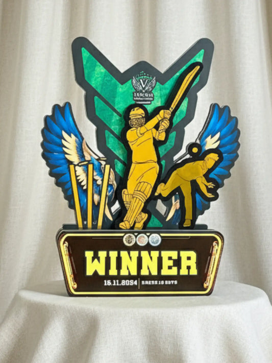 Decorative trophy with a cricket theme on a white background