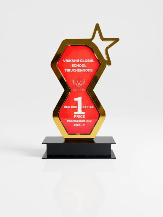 Decorative award with red and gold design on a white background