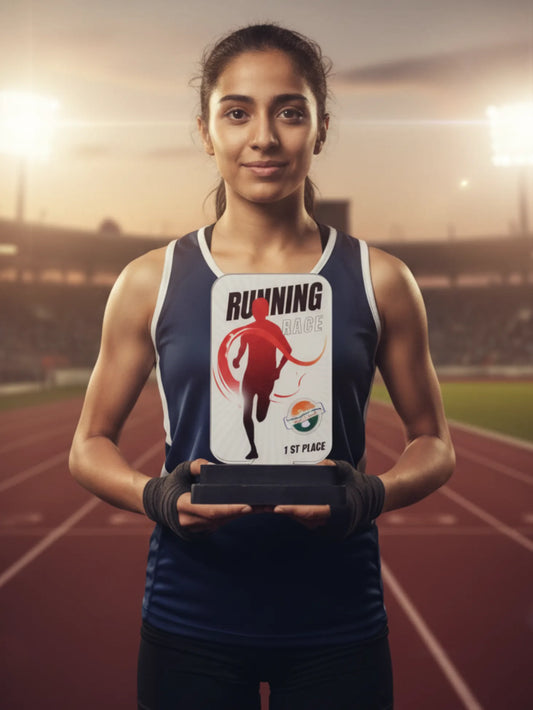 Premium personalized running trophy with champion athlete figure and custom engraved base