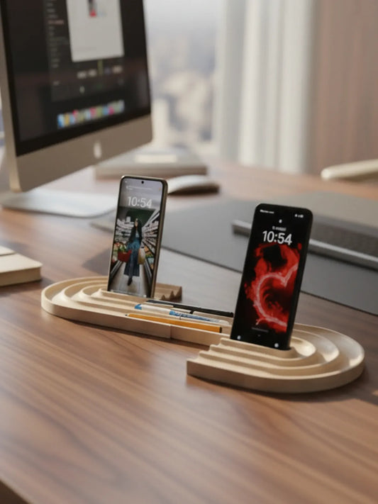 Dual-purpose pen organizer and mobile stand with personalization for professional workspace