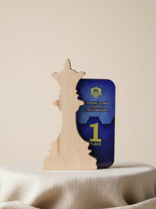 Chess trophy size comparison showing different queen piece design options