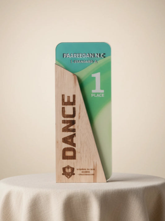 Wooden award with green and beige design on a white surface