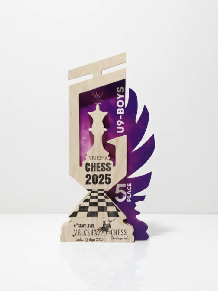 Chess tournament trophy for U9 Boys Chess 2025 with a purple and beige design.