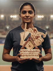 Person holding a wooden trophy with intricate carvings on an outdoor sports field.