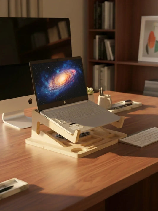 Laptop on a wooden stand on a desk with books and a monitor in the background