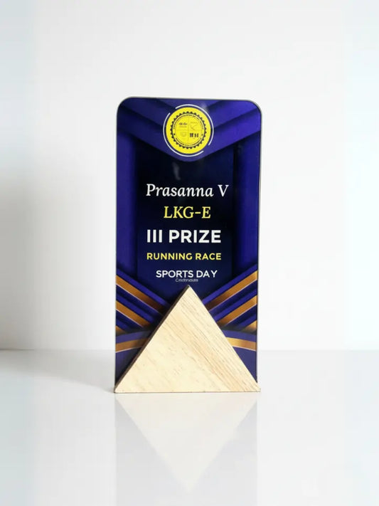 Trophy with a blue and gold design on a white background