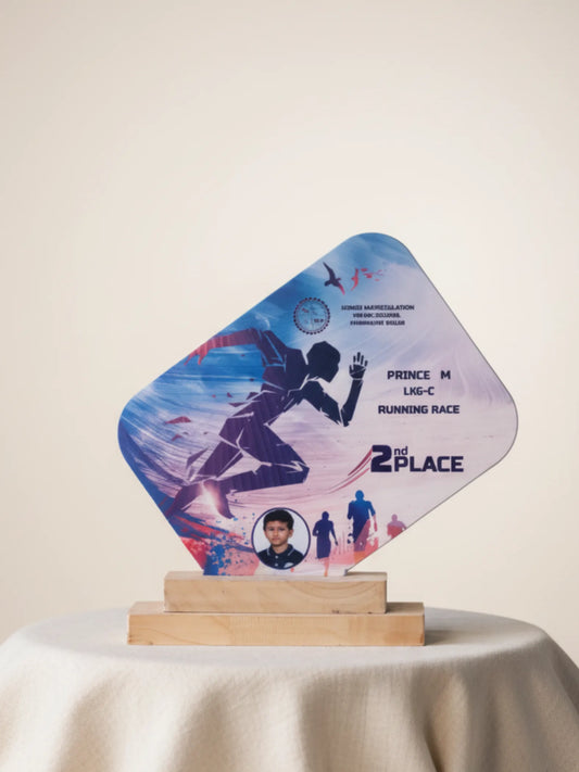 Running trophy size comparison showing different sports day award options