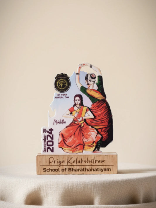 Trophy with dancer illustration and text on a beige background