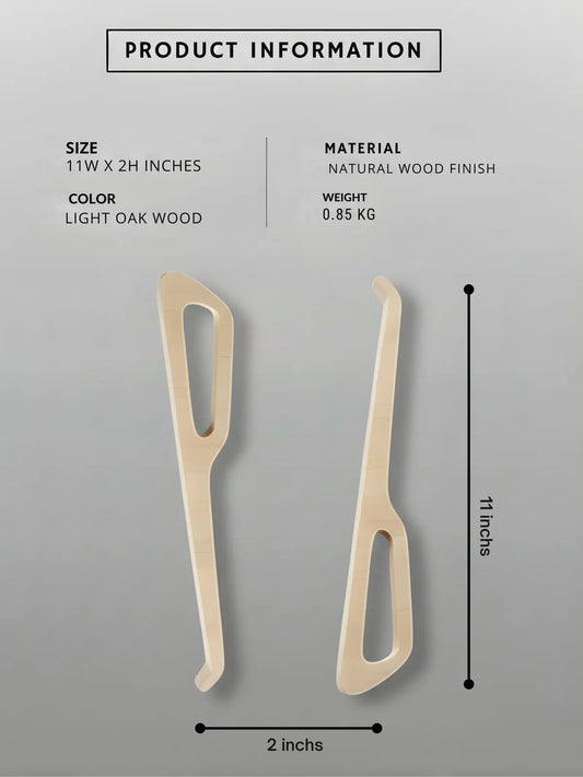 Two wooden cheese knives with product information on a gray background