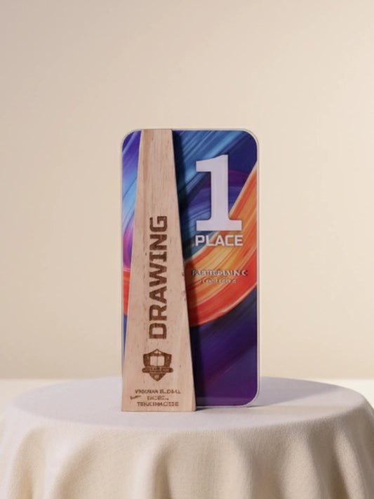 Golden drawing trophy with unique tower design for first place - premium art competition award for drawing excellence