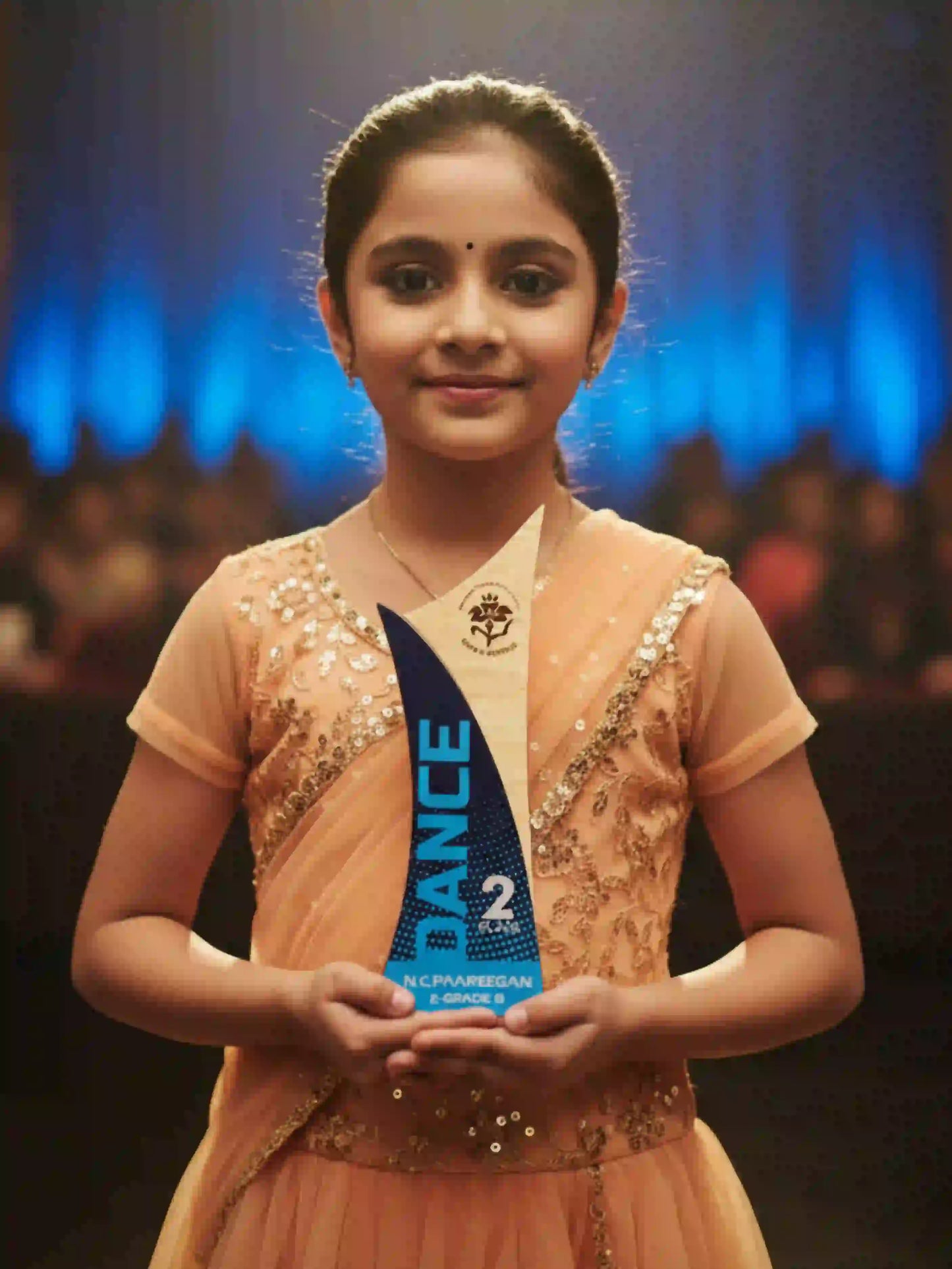 Young girl holding a dance competition award on a stage with blue lighting