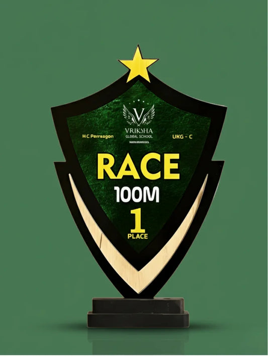Trophy with 'RACE 100M 1 PLACE' text on a green background