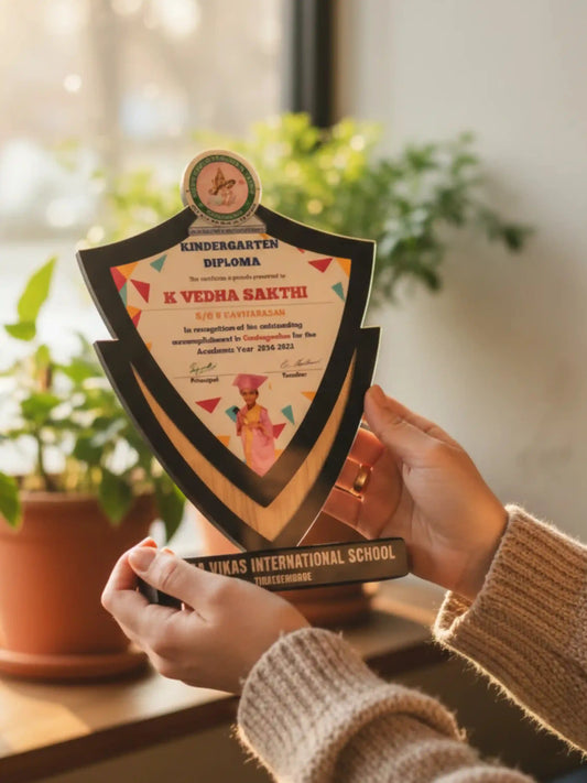 Person holding a kindergarten diploma from Vikas International School with plants in the background