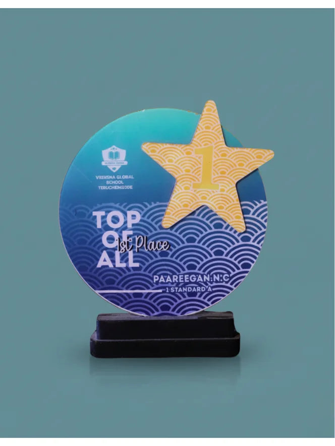 Decorative award with a star and text on a blue background