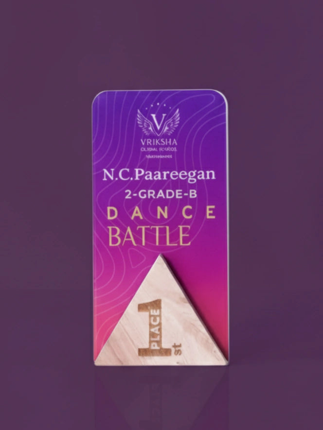 Purple and pink card with text and a triangle on a purple background