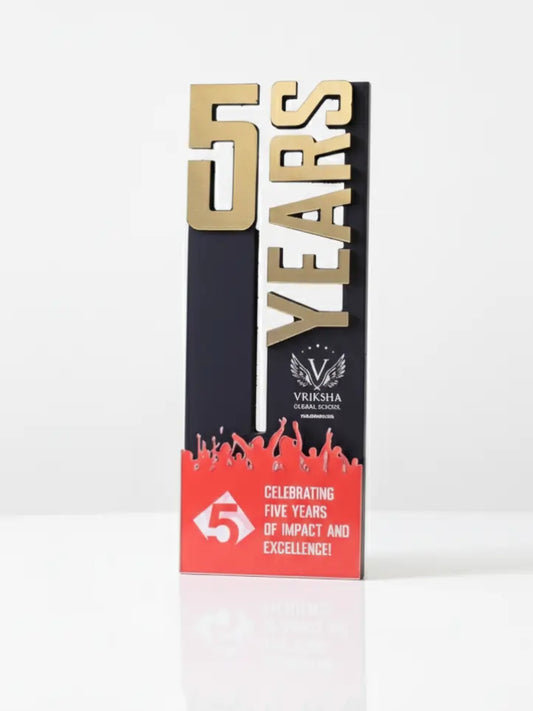Trophy with '5 Years' text and celebratory design on a white background