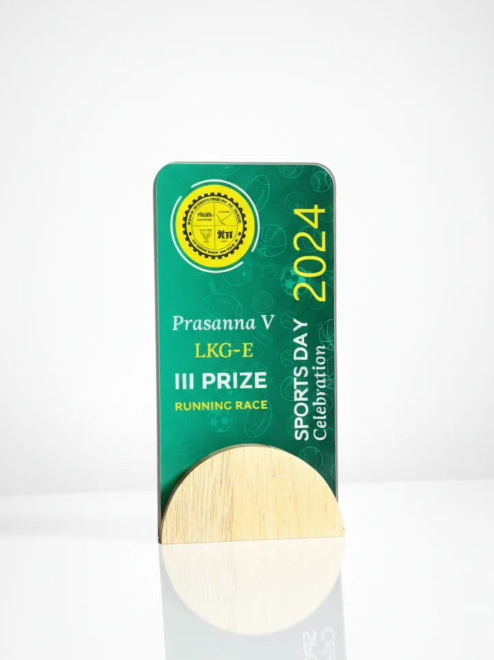 Sports day award with green and yellow design on a white background