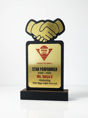 Gold star performer award with handshake design on a white background