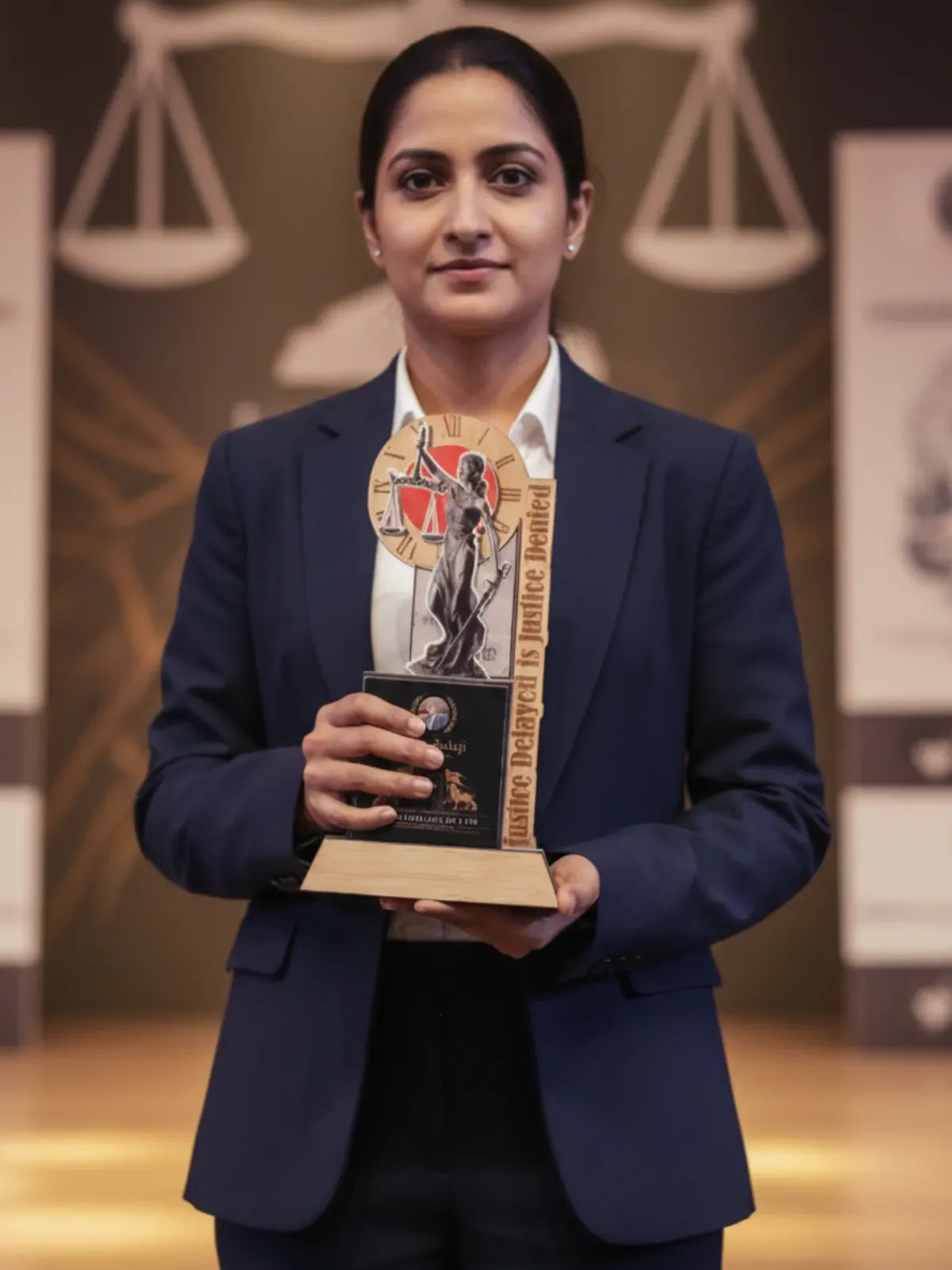 Woman in a dark suit holding an award with a blurred background