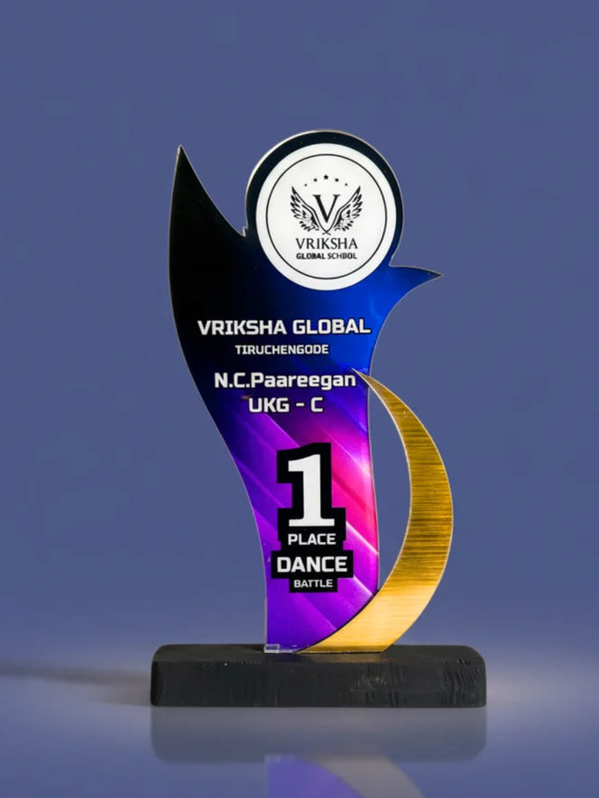 Awards trophy with Vriksha Global branding on a blue background