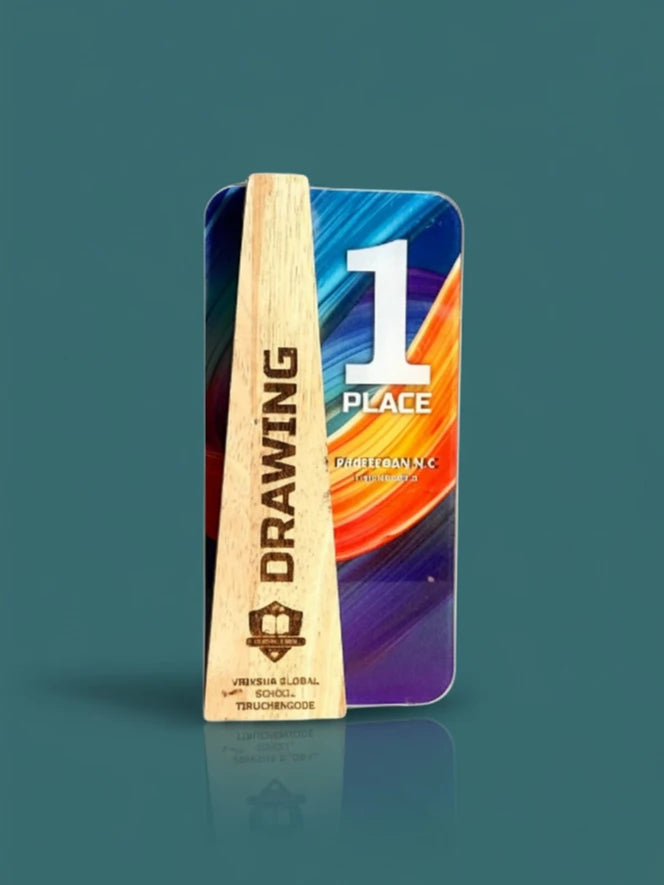 Trophy with wooden base and colorful '1st Place Drawing Performance' plate on a teal background