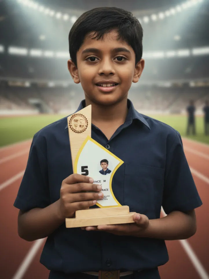 Young boy holding a trophy on a sports field