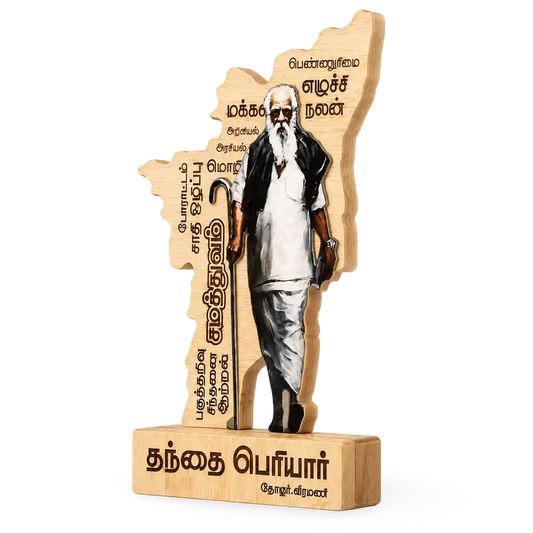 Wooden sculpture of a historical figure with text on a white background
