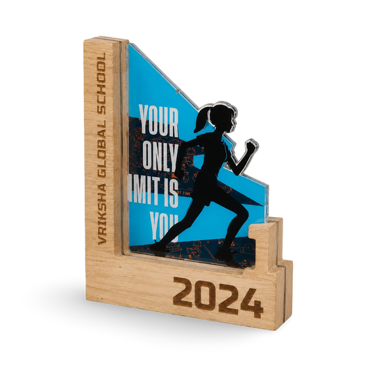 Wooden award with a running silhouette and motivational quote on a white background
