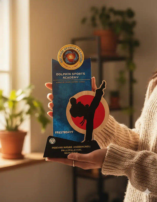 Person holding a package labeled 'Dolphin Sports Academy' with a silhouette design, indoor setting.