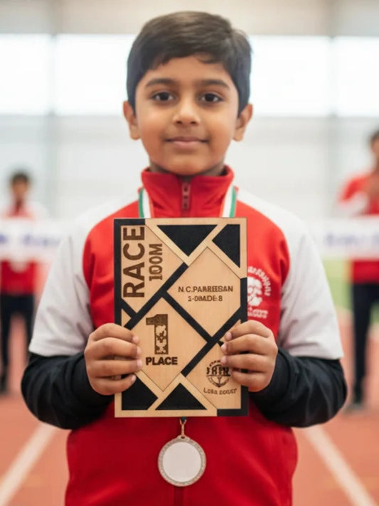 Personalized sports trophy displayed in award ceremony presentation setting